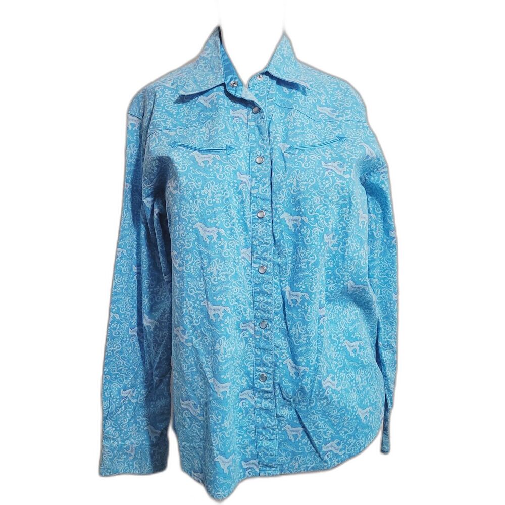 Wrangler Blues Small Polo snap button front collar horse graphic print cowgirl